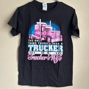 "the only thing tougher than a trucker is a truckers wife" graphic tee wms small